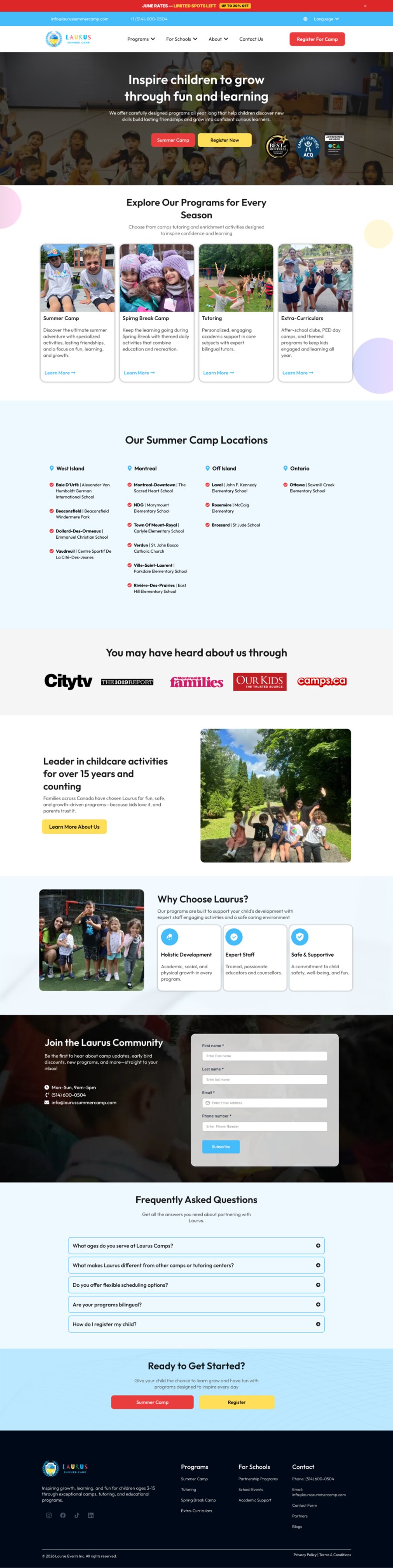 The rebuilt Laurus Summer Camp website